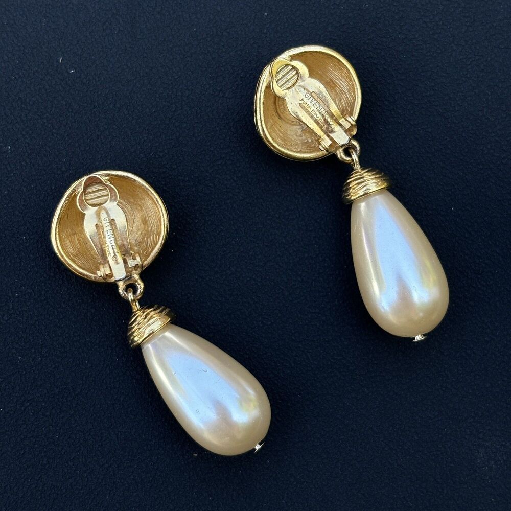 Vintage Givenchy Gold Tone Clip On Dangle Teardrop Earrings Faux Pearl 2" - Picture 2 of 9